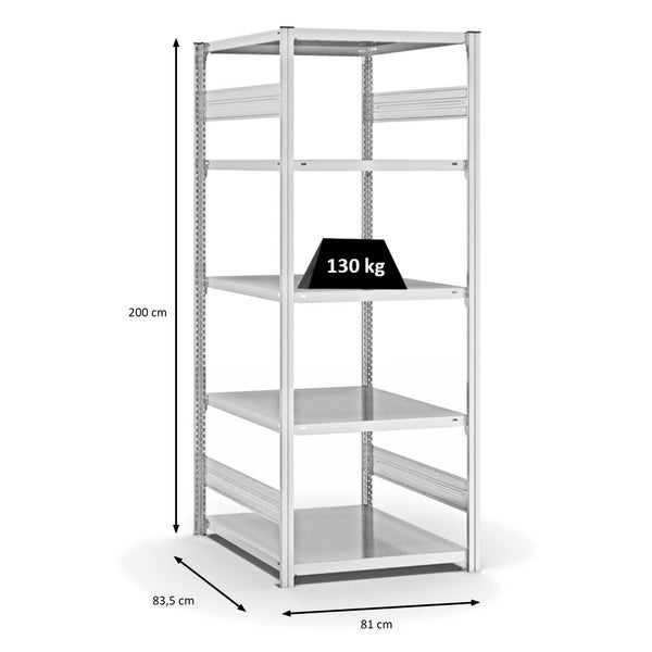 PROREGAL Fachbodenregal Stecksystem T-Profil Light-Duty Grundregal HxBxT 200 x 75 x 80 cm 5 Ebenen Fachlast 130 kg Beidseitig Nutzbar Lichtgrau