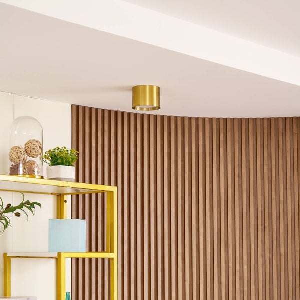 Zylindrische Deckenleuchte aus goldfarbenem Metall an der Decke vor einer Wand mit Holzlamellen und einem goldenen Regal.