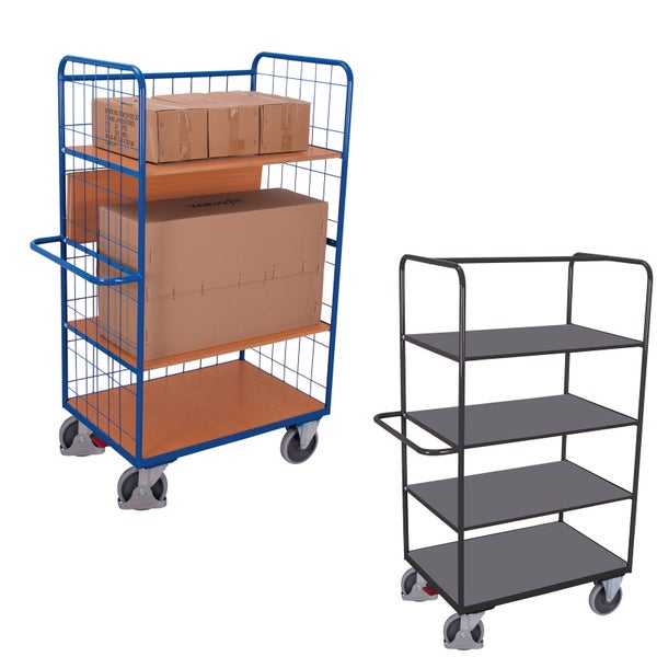 Zwei Etagenwagen für Transport und Logistik: ein Modell mit Gitterwänden und Holzböden sowie ein offener Wagen mit vier grauen Etagenböden.