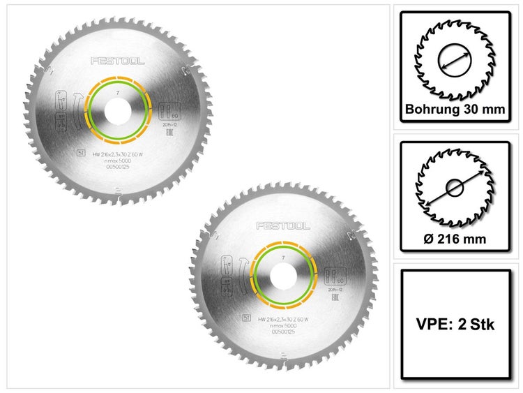 Festool 2x Feinzahn Kreissägeblatt HW 216 x 2,3 x 30 mm W60 216 mm 60 Zähne ( 2x 500125 )