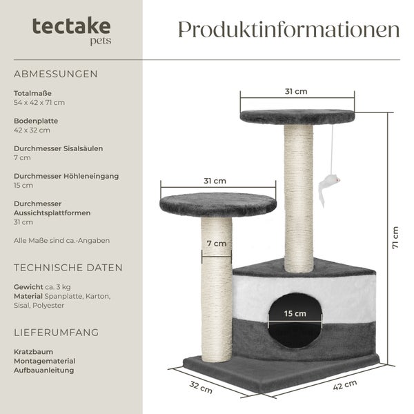 Produktinformationen zu einem Kratzbaum von Tectake Pets mit Maßen und technischen Daten.
