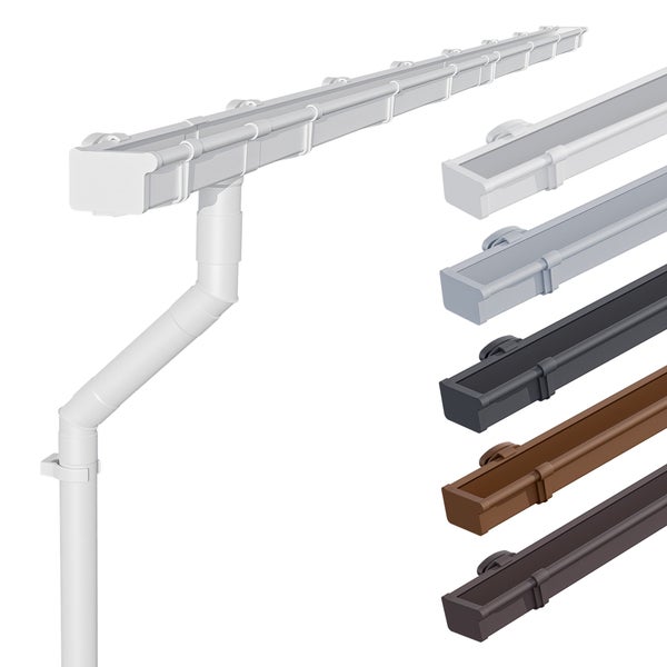 Kunststoff-Kastenrinne mit Fallrohr und Halterungen in verschiedenen Farben