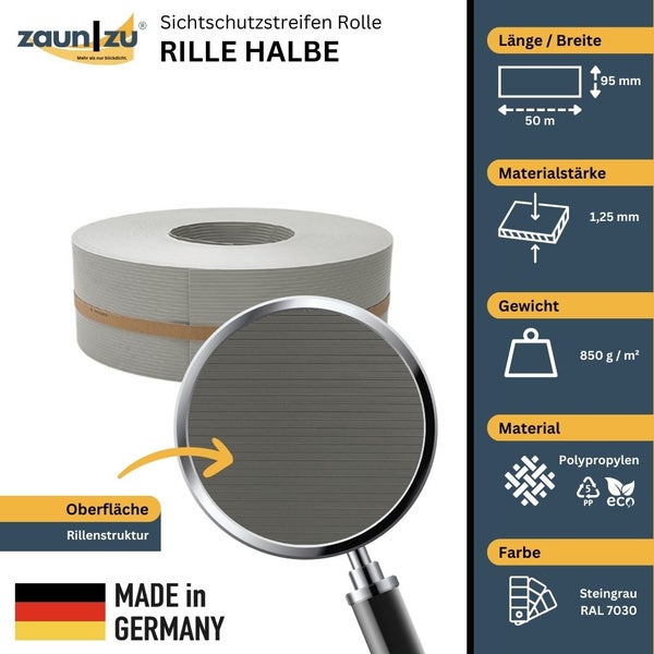 Zaun zu Sichtschutzstreifen Rolle Rille Halbe aus Polypropylen, 50 Meter lang und 95 Millimeter breit