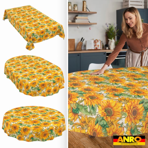 Tischdecke mit Sonnenblumenmuster in rechteckig, oval und rund sowie eine Frau in einer modernen Küche. Logo ANRO Deutsche Manufaktur.
