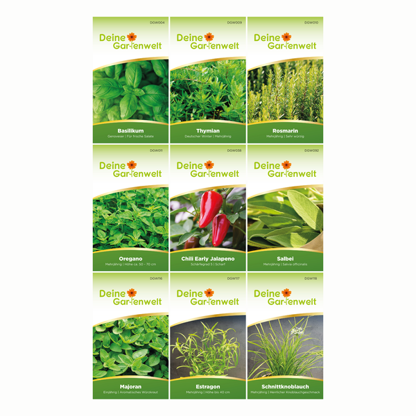Neun Samentüten von Deine Gartenwelt mit verschiedenen Kräutern wie Basilikum, Thymian, Rosmarin, Oregano, Chili, Salbei, Majoran, Estragon und Schnittknoblauch.