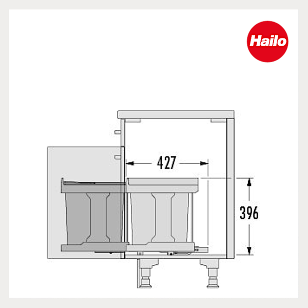 Technische Zeichnung Hailo Abfalltrennsystem für Schränke, Maße 427 Millimeter Tiefe und 396 Millimeter Höhe. Hailo Logo.
