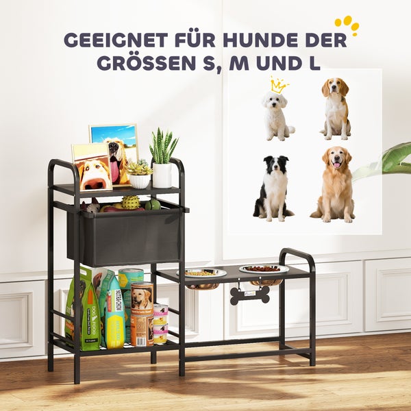 Schwarze Hundefutterstation aus Metall mit Napfhalter für zwei Näpfe und Regal für Futter und Spielzeug, geeignet für Hunde der Größen S, M und L.