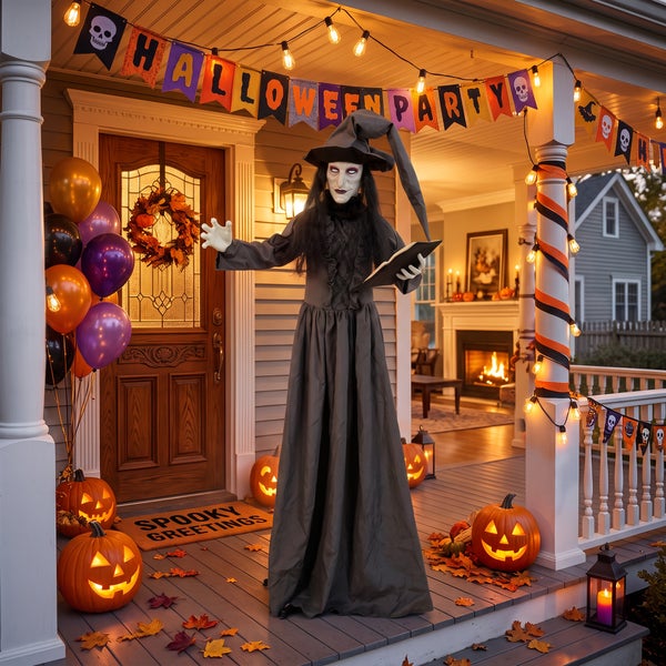Halloween Dekoration Hexe mit Buch auf einer Veranda mit Kürbissen, Luftballons, Lichterkette und Spooky Greetings Fußmatte.