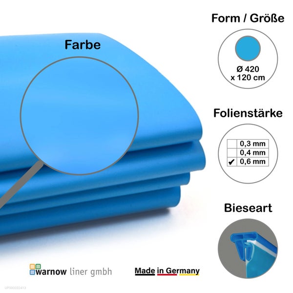 Produktinformationen Poolfolie: Farbe, Form, Größe, Folienstärke und Bieseart.