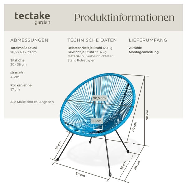 2er Set Gartenstuhl tectake Santana Belastbarkeit 120 kg, 70,5 x 69 x 78 cm Retro-Design im Acapulco-Stil blau