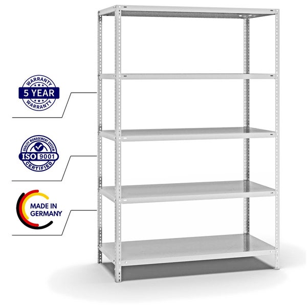 PROREGAL Fachbodenregal Schraubsystem Light-Duty Grundregal HxBxT 200 x 130 x 60 cm 5 Ebenen Fachlast 125 kg Beidseitig Nutzbar Lichtgrau