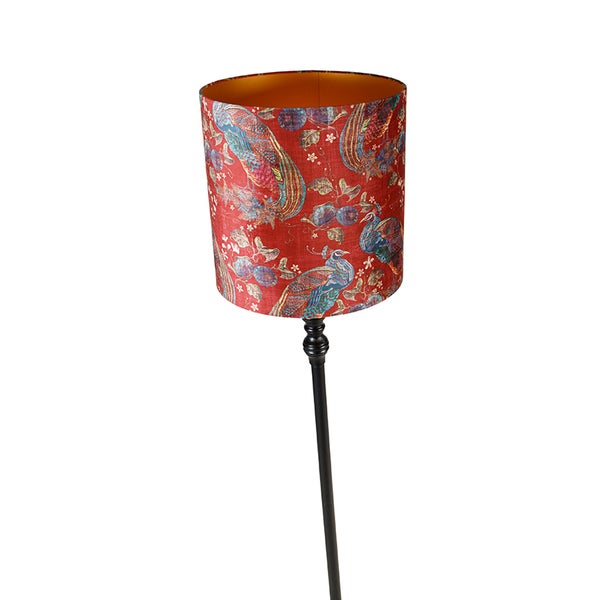 Stehlampe mit rotem Lampenschirm und Pfauenmuster