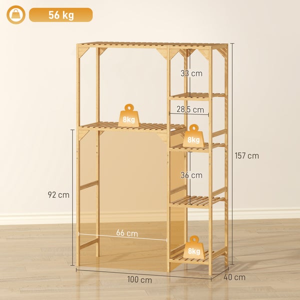 Bambusregal, Breite 100 Zentimeter, Höhe 157 Zentimeter, Tiefe 40 Zentimeter. Gesamttraglast 56 Kilogramm. Freiraum unten links.