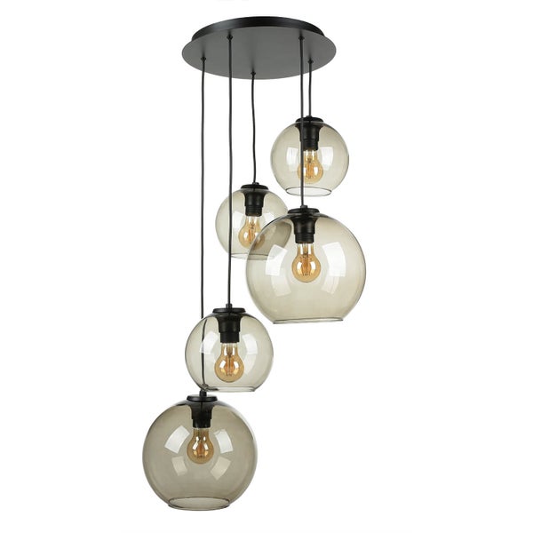 Pendelleuchte mit fünf Leuchten und Rauchglas-Lampenschirmen