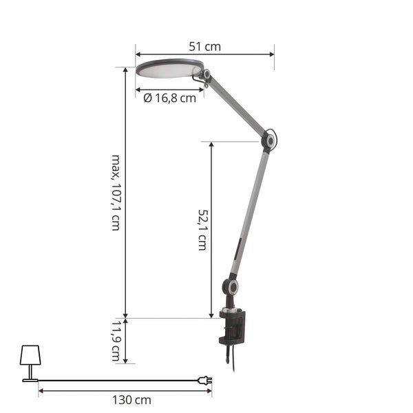 Verstellbare Schreibtischlampe mit Klemmfuß und Maßen. Maximale Höhe 107,1 Zentimeter, Kopf 16,8 Zentimeter, Kabellänge 130 Zentimeter.