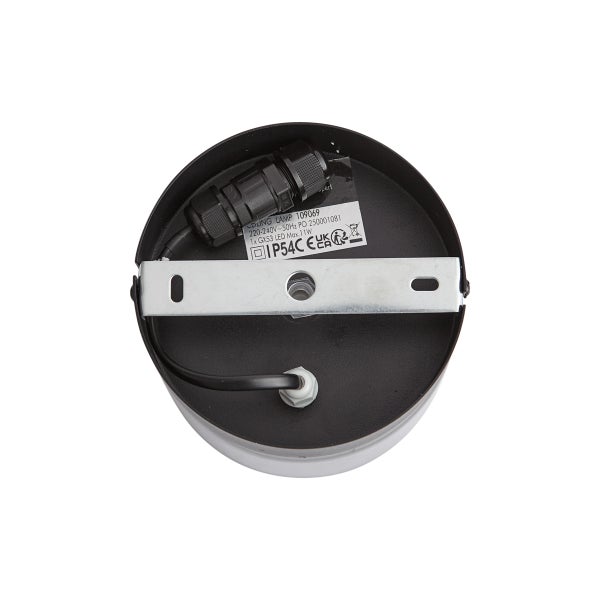 Rückansicht einer runden Deckenleuchte mit Montagebügel aus Metall, Kabelanschluss und Typenschild mit Angabe der Schutzart IP54.