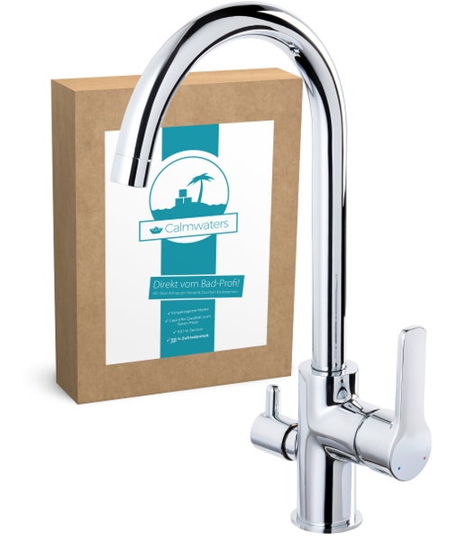 Verchromte Küchenarmatur mit hohem C-Auslauf, Einhebelmischer und separatem Hebel für Wasserfilter, inklusive Produktverpackung.