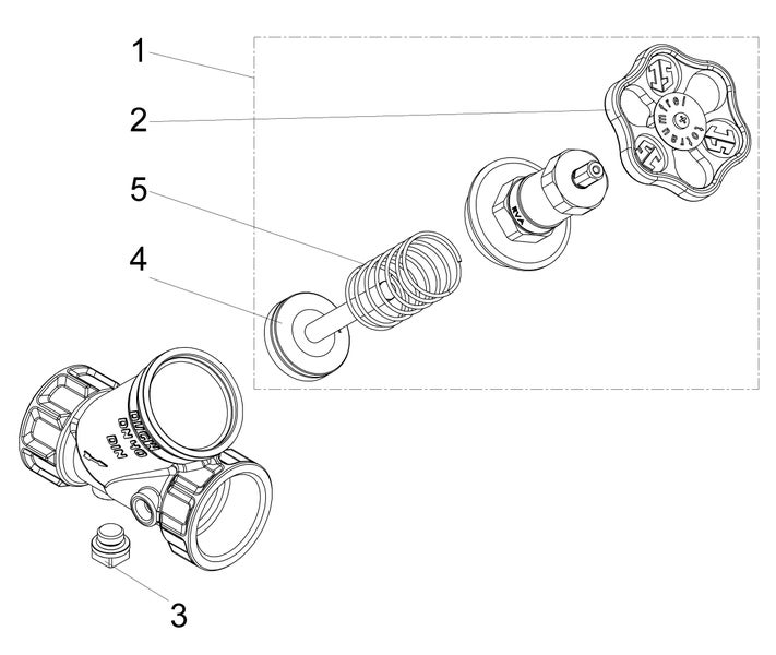 Explosionszeichnung eines Ventils Nennweite 40 mit Gehäuse, Handrad, Feder und Dichtung.