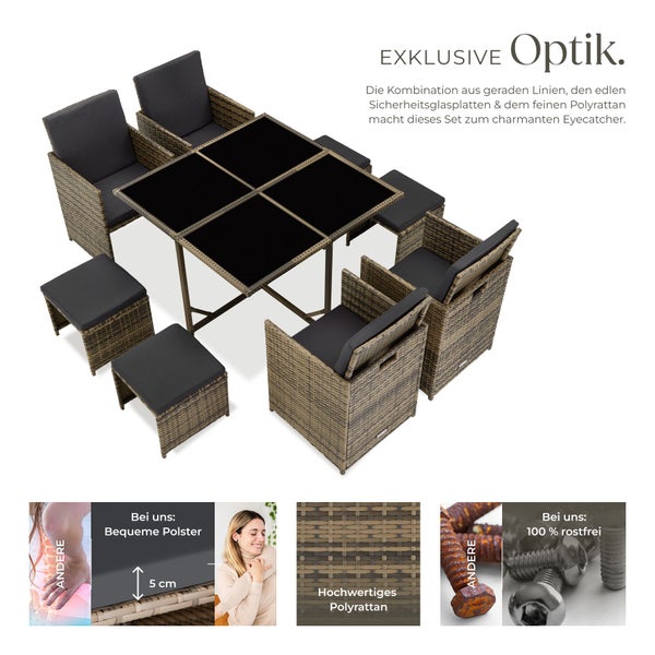 Gartenmöbel-Set aus Polyrattan mit Tisch, vier Sesseln und vier Hockern. Tisch mit Sicherheitsglasplatte und 5 Zentimeter dicken Polstern.