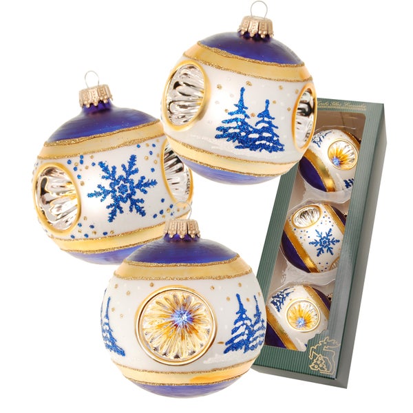 Blau/Silber/Gold glanz 8cm Glaskugeln mit Reflex, mundgeblasen und handdekoriert mit Baum und Schneestern mit blauem Glitter, 3 Stck., Weihnachtsbaumkugeln, Christbaumschmuck, Weihnachtsbaumanhänger