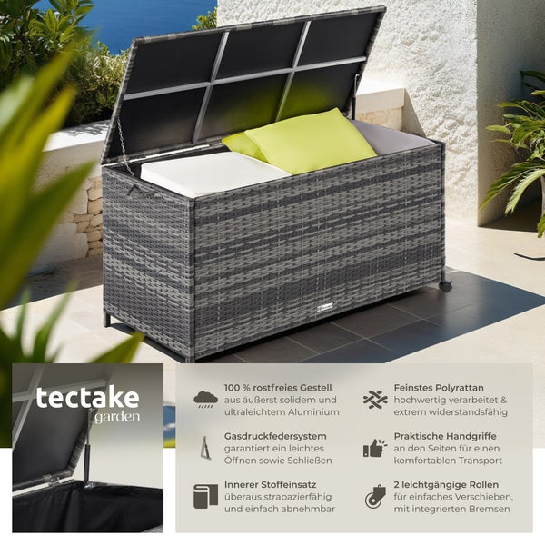 Auflagenbox tectake Kuusamo 117 x 54 x 64 cm mit Aluminiumgestell und Rattangeflecht grau