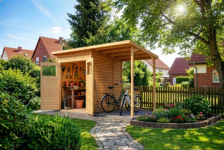Gartenhaus aus Holz mit integriertem Fahrradunterstand, Gartengeräten, Blumentöpfen und zwei Fahrrädern in einem hellen, gepflegten Garten.