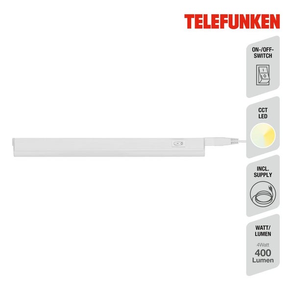 Telefunken Logo. LED-Unterbauleuchte mit Ein- und Ausschalter, einstellbare Farbtemperatur, inklusive Stromversorgung, 4 Watt und 400 Lumen.