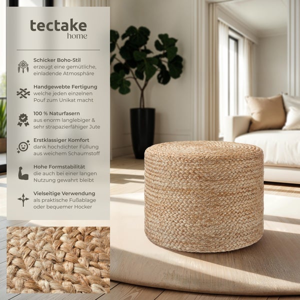 Handgefertigter Pouf tectake Banno Cylinder 49 x 37 cm, Belastbarkeit 150 kg Boho-Stil beige