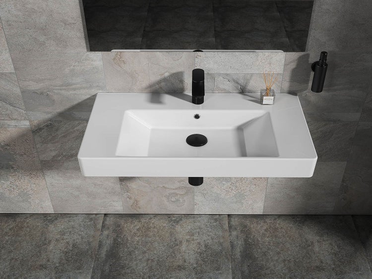 Aqua Bagno Quadra Soft Waschbecken KP.80 – 81 x 45,5 cm – Weiß Hochglanz – Keramikbecken mit Hahnloch & Überlauf