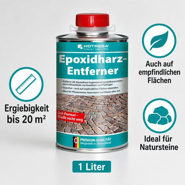 Hotrega Epoxidharz-Entferner 1 Liter für Pflastersteine und Fliesen. Entfernt Epoxidharz-Rückstände, säurefrei, ergiebig bis 20 Quadratmeter.