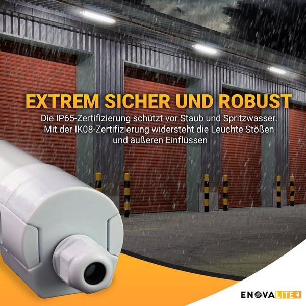Feuchtraumleuchte im Außenbereich mit IP65- und IK08-Zertifizierung für Staub-, Spritzwasser- und Stoßfestigkeit.
