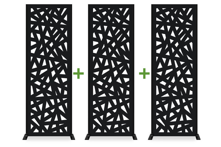 Dreier-Set schwarze dekorative Sichtschutzwände mit geometrischem Muster und stabilen Standfüßen.