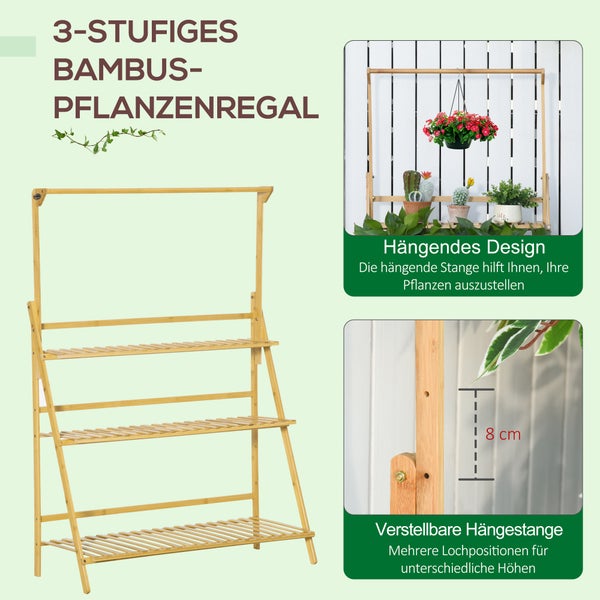 Outsunny Blumentreppe aus Holz Pflanzenständer Leiterregal einstellbare Hängehöhe Blumenständer hängende Bamboo Natur innen draußen 100 x 40 x 143 cm