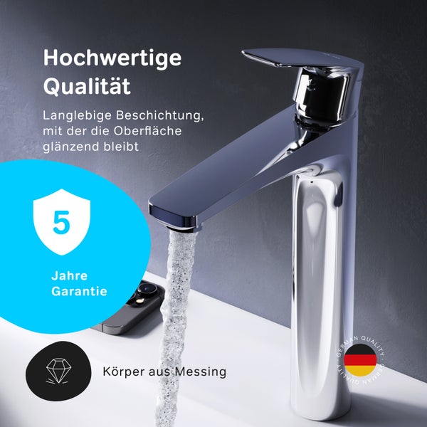 Moderne Waschbeckenarmatur aus Messing mit glänzender Oberfläche und 5 Jahren Garantie