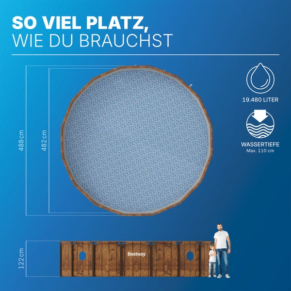 Bestway Aufstellpool in Holzoptik mit Maßen: 488 Zentimeter Durchmesser, 122 Zentimeter Höhe, 19.480 Liter Volumen und 110 Zentimeter Wassertiefe.