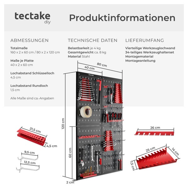 Werkzeuglochwand tectake Jonah Belastbarkeit 4 kg pro Platte vierteilig schwarz/rot