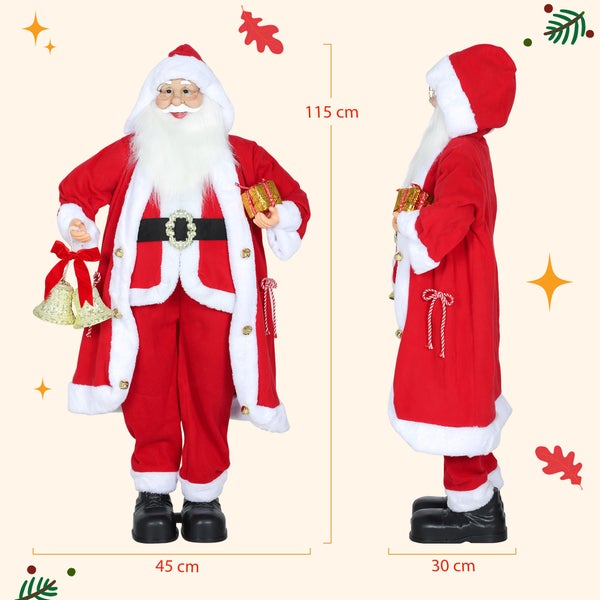 Weihnachtsmann-Figur in Rot und Weiß mit Glocken und Geschenk. Höhe 115 Zentimeter, Breite 45 Zentimeter, Tiefe 30 Zentimeter.