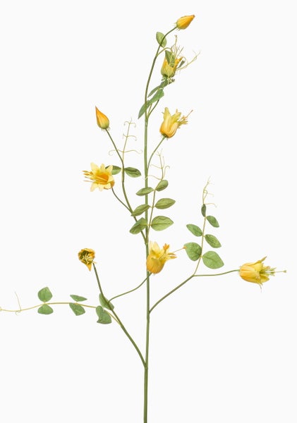 Künstlicher Gloriosa-Zweig mit gelben Blüten, Knospen und grünen Blättern.