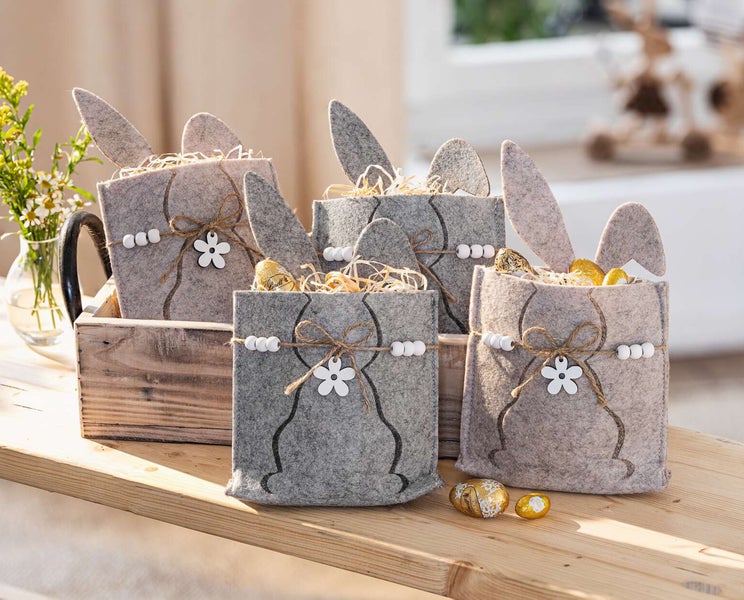 FRANK FLECHTWAREN | Filzbeutel Osterhase, 4er Set, FILZ AUS PET, HOLZ, JUTE, 16 x 25 cm