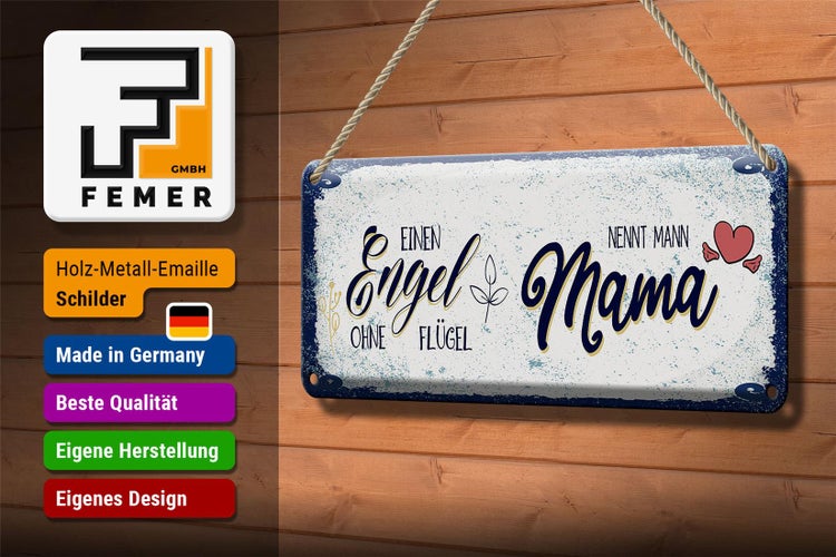 Blechschild Spruch Engel ohne Flügel nennt man Mama 27x10cm