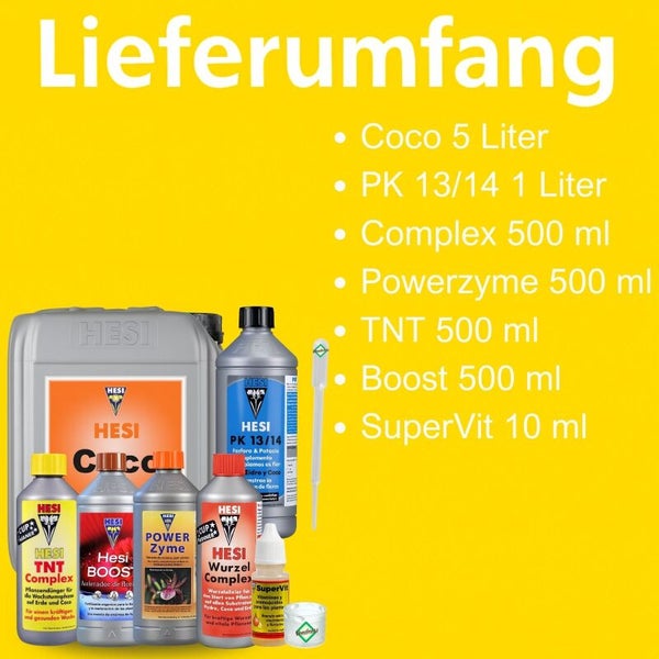 Hesi Dünger Set mit Coco 5 Liter, PK 13/14 1 Liter, Complex, PowerZyme, TNT, Boost 500 Milliliter und SuperVit 10 Milliliter.