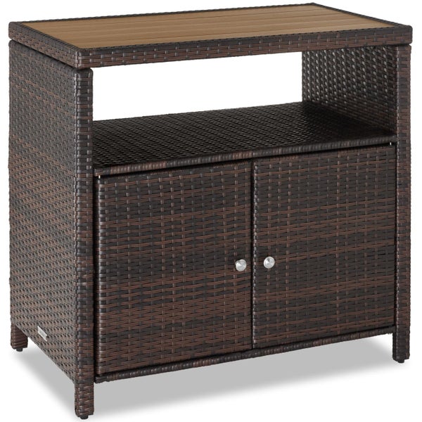 Gartenschrank aus Polyrattan mit Ablagefläche in Holzoptik, offenem Fach und zwei Türen.