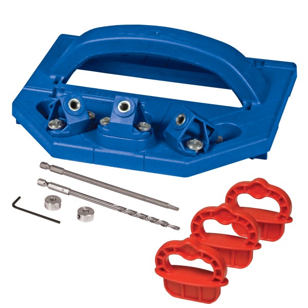 Kreg Terrassen-Bohrlehre-Set mit Bohrführung, drei Abstandshaltern, Bohrer, Schrauberbit, Tiefenstopps und Sechskantschlüssel.