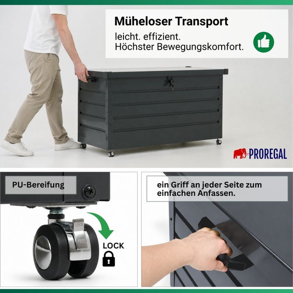 Mobile Gartenbox aus Metall in Dunkelgrau mit Polyurethan-Lenkrollen, Feststellfunktion und seitlichen Griffen für einfachen Transport.