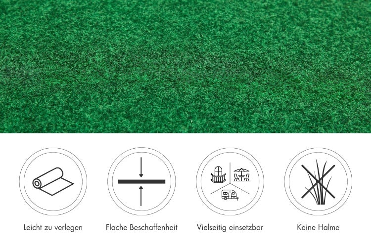 Kunstrasen mit Symbolen für einfache Verlegung, flache Beschaffenheit, vielseitige Einsetzbarkeit und keine Halme.