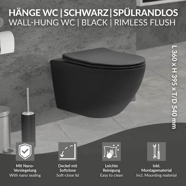 Schwarze, wandhängende, spülrandlose Toilette mit den Maßen Länge 360, Höhe 395 und Tiefe 540 Millimeter
