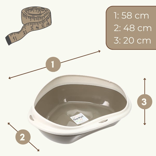 Maßangaben für die GarPet Eck-Katzentoilette: 1: 58 Zentimeter, 2: 48 Zentimeter, 3: 20 Zentimeter.