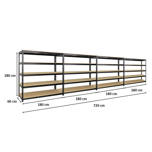 PROREGAL Mega Deal 4x Profi Schwerlastregal Bison HxBxT 200 x 200 x 60 cm 5 Fachböden Fachlast 600 kg Schwarz
