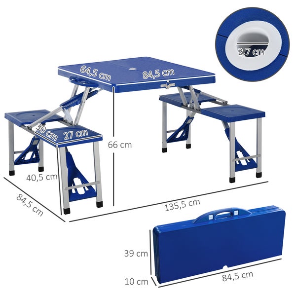 Outsunny Alu Campingtisch, Picknick Bank, mit 4 Sitzen, klappbar, 135,5 x 84,5x 66 cm, Aluminum, Kunststoff, Blau