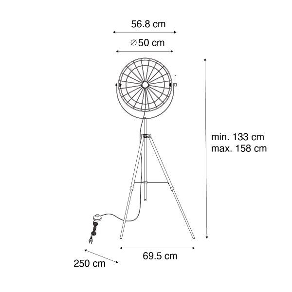 Maße einer Stehlampe auf einem Dreibeinstativ, Durchmesser 50 cm